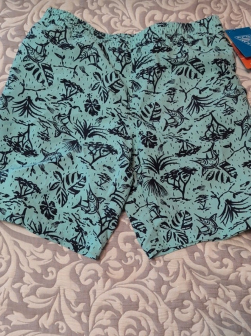 Columbia Aqua Teal Swim Trunks with Navy Tropical Print